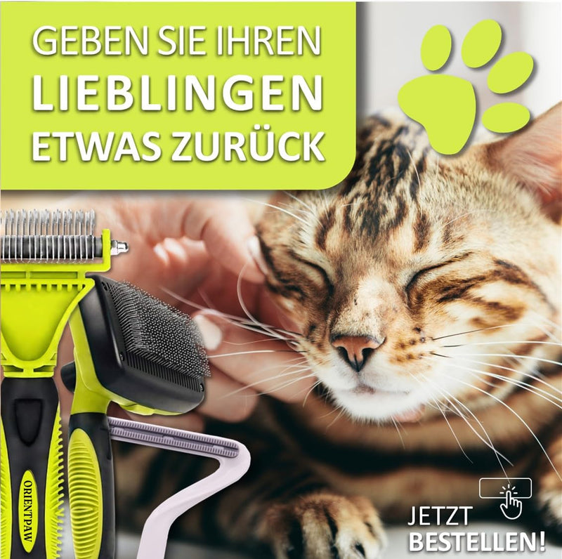 ORIENTPAW® professional cat brush set of 3 - cat care set - 100% comfort and hygiene thanks to rounded massage bristles - self-cleaning cat fur brush for short hair and long hair - undercoat brush for cats NATURAL GREEN - PawsPlanet Australia