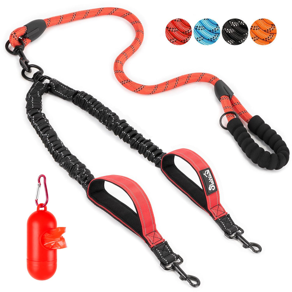 Eyein Double Leash for 2 Dogs, Dog Leash for Large Dogs, Flexible and Reflective Tangle-Free Dog Leash with 2 Padded Handles for Dogs from 11 to 68kg (Red) Red Large (Total Weight 11-68kg) - PawsPlanet Australia