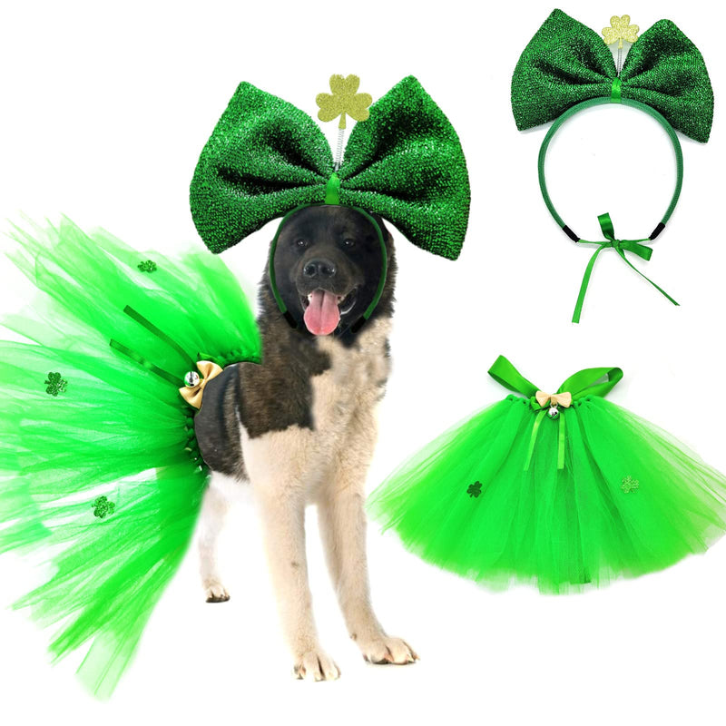 St Patrick's Day Costume 2 Pieces Dog Tulle Tutu Skirt Bowknot Hair Hoop with Shiny Shamrock, Green Irish Lace Dress Cute Headband Holiday Clothes for Medium Large Girl Dogs Cat Parties Decoration Bowtie - PawsPlanet Australia