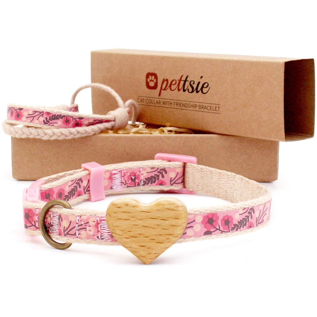 Pettsie Cat Collar with Safety Clasp and Heart Made of High Quality Beech Wood, Friendship Bracelet for Her, Strong Cotton, D-Ring for Accessories, Adjustable Size 8-11 Inch, Pink - PawsPlanet Australia
