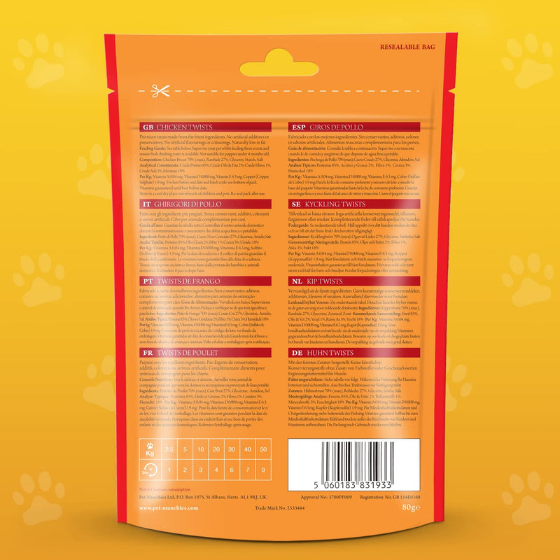 Pet Munchies Chicken Twists Dog Treats, Premium Natural Grain Free Dental Sticks Made Real Meat, Low in Fat and High in Protein 80g 80 g (Pack of 1) - PawsPlanet Australia