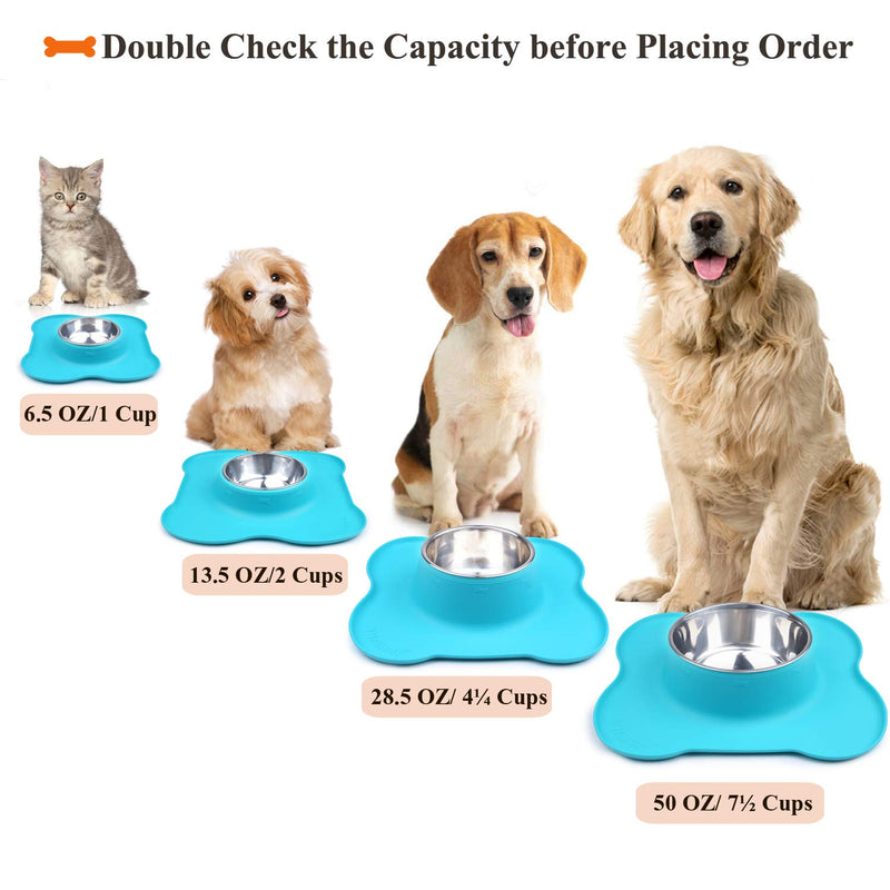 [Australia] - Vivaglory Dog Bowls Set, 2 Pack Puppy Bowls with Non Spill Silicone Mat and Food Grade Stainless Steel Water and Food Feeding Bowl for Kitty Puppy Cat Dog 6½ OZ ea. Turquoise 