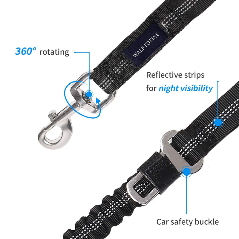 [Australia] - WALKTOFINE 4.5FT Bungee Dog Leash for Large Breed Dogs, Anti-Pull for Shock Absorption with Car Seat Belt, Heavy Duty Training Dog Leash Black 