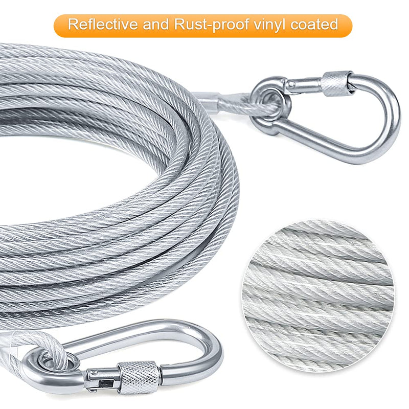 Tresbro 15/30/50/70/100FT Reflective Dog Tie Out Cable for Dogs Up to 250lbs, Steel Wire Dog Cable with Stainless Dual Fix Buckle, Lightweight and Durable, Dog Chains Outside for Outdoor,Yard,Camping 30FT Silver - PawsPlanet Australia