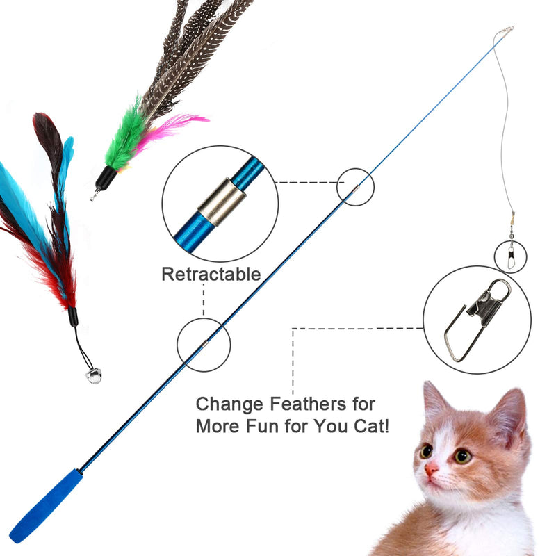 Depets Cat Feather Wand, Retractable Cat Wand Toy, 5PCS Assorted Feather Refills with Bell, Interactive Cat Toy Wand for Indoor Cat and Kitten Funny Exercise Wand+5pcs Feathers - PawsPlanet Australia