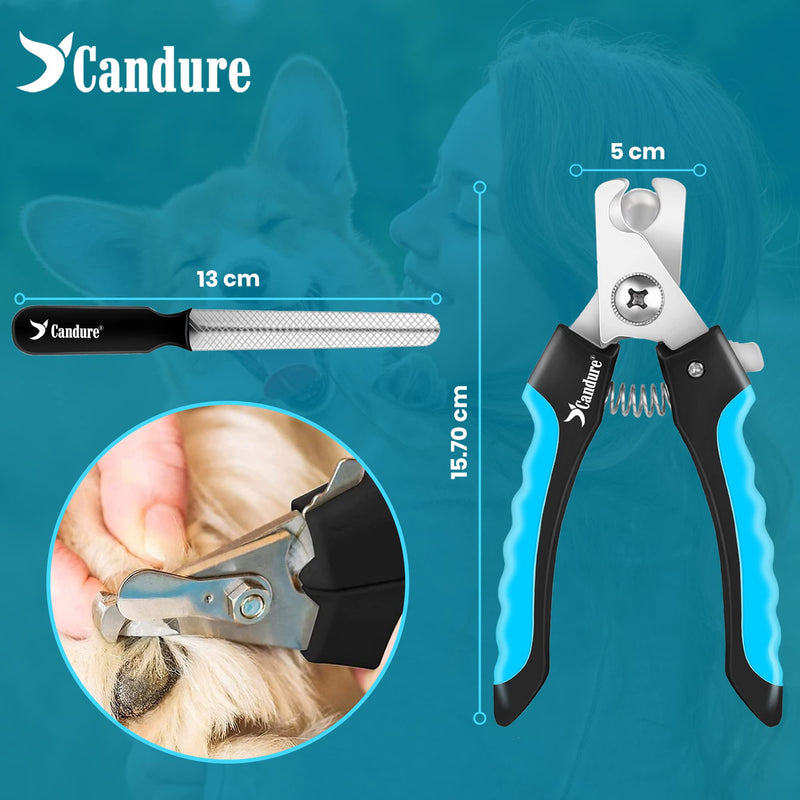 Candure Professional Claw Scissors for Dogs and Cats with Nail File Stainless Steel Claw Clippers High Quality Claw Care Cutter for Pets Large Nail Clippers with Safety Protection 6" Large (L) Blue - PawsPlanet Australia