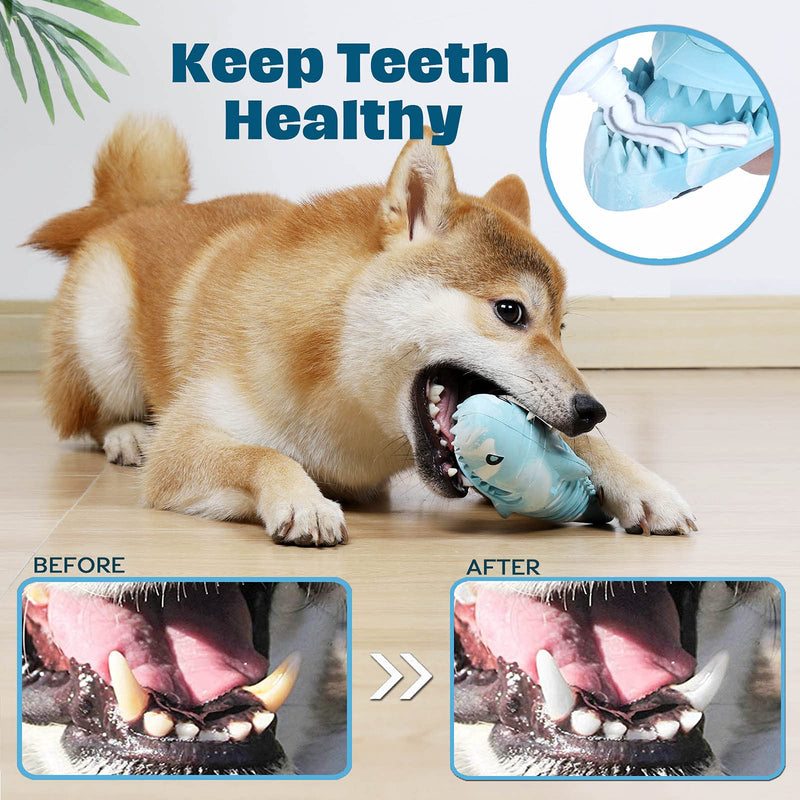 Dog Toys for Aggressive Chewers Large Breed, Squeaky Chew Toys for Medium Dogs, Tough Durable Dog Toys with Natural Rubber for Dental Care, Shark Design Dog Toothbrush Chew Toys for Teeth Cleaning - PawsPlanet Australia