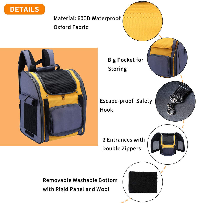 PETTOM Pet Backpack Carrier for Dogs Cats Puppies Bunny, Pet Carry Bag with Ventilated Design, Sun-proof Curtains, Two-Sided Entry, Head Window, Removable Fleece Mat for Outdoor Travel Hiking 36 * 26 * 40 CM Yellow - PawsPlanet Australia