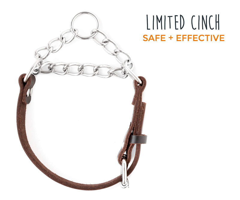 Mighty Paw Leather Training Collar, Martingale Collar, Stainless Steel Chain - Premium Quality Limited Chain Cinch Collar. Small Brown - PawsPlanet Australia