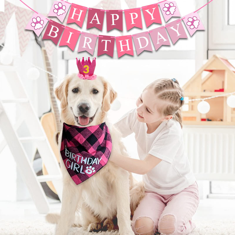 Pet Dog Birthday Party Supplies - Dog Birthday Hat Bandana Scarf Banner with Numbers for Small Medium Large Dogs Cats Pets Pink Girls Crown - PawsPlanet Australia