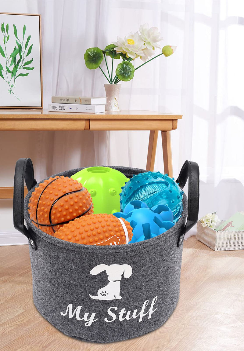 Morezi Round felt dog toy basket, dog toy box, basket chest organizer with handles - perfect for organizing pet toys, blankets, leashes and food - Grey - PawsPlanet Australia