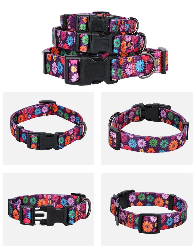 Rhea Rose Girl Dog Collars Fall Daisy Pattern, Colorful Flowers Print, Female Collar, Dark Purple, Small S(Neck 11"-15.7", Width 5/8") - PawsPlanet Australia