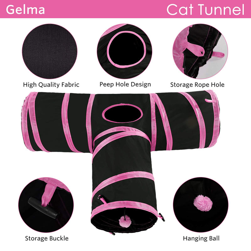 Gelma Cat Tunnel, Cat Tunnels for Indoor Cats, Tube Cat Toys 3 Way Collapsible, Kitty Tunnel Bored Cat Pet Toys Peek Hole Toy Ball Cat, Puppy Black & Pink - T Style Tunnel - PawsPlanet Australia