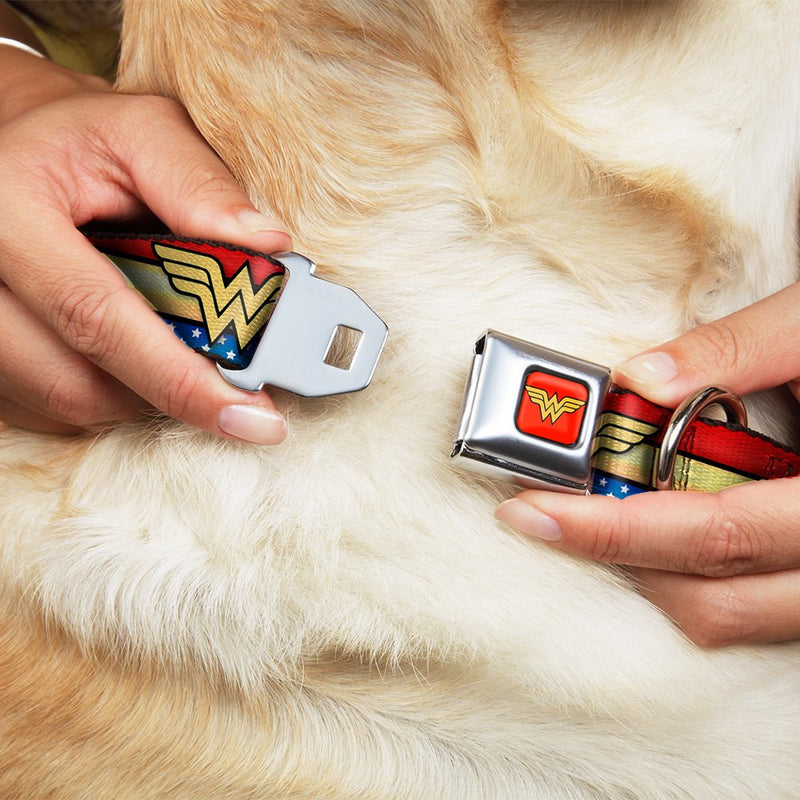 [Australia] - Buckle-Down Dog Collar Seatbelt Buckle Wonder Woman Logo Stripe Stars Red Gold Blue White Available in Adjustable Sizes for Small Medium Large Dogs 1" Wide - Fits 15-26" Neck - Large 