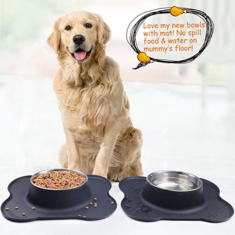 VIVAGLORY Cat Bowls Set, 2 Pack Cat Bowls with Non Spill Silicone Mat and Food Grade Stainless Steel Water and Food Feeding Bowl for Puppy Kitty Cat, Black 200ml each - PawsPlanet Australia