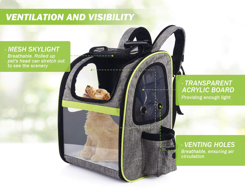 pecute Cat Carrier Dog Backpack Expandable, Portable Breathable Rucksack with Top Opening-Visible Acrylic-Safety Belt-Pockets, Extendable Back More Space Great For Carrying Puppy Dogs Cats Up to 10KG Grey Acrylic Window - PawsPlanet Australia