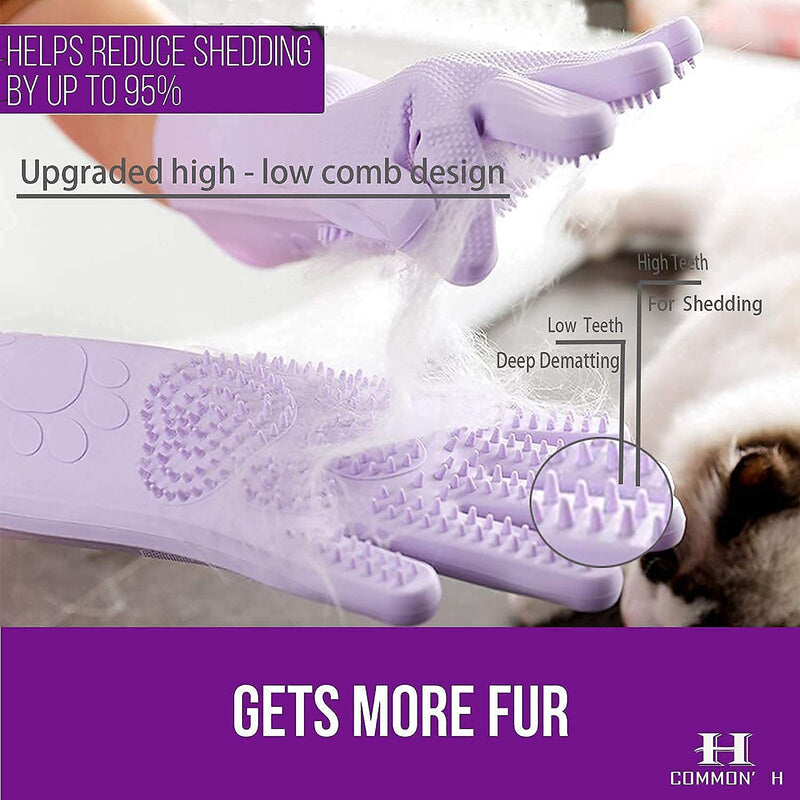 COMMON'H Pet Grooming Gloves, Long Washing Glove Scrubber for Bathing Shedding, Dog Cat Bath Mitt Silicone Brush for Shampooing, Deshedding Hair Remover Purple - PawsPlanet Australia