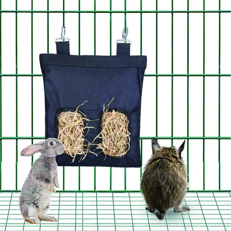 Small Animals Hay Bag, Hay Bag Feeder, Rabbit Hay Bag, Hay Bag Hanging Feeder, Rabbit Hay Feeder, for Rabbit Guinea Pig Chinchilla Hamsters Pet Essential Food Sack Bag (2 Openings) (Black) Black - PawsPlanet Australia