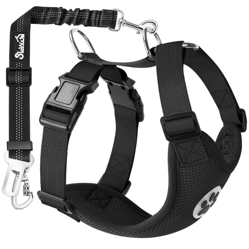 SlowTon Dog Harness with Seat Belt for Car, Breathable Harness Dog, Seat Belt with 2 Carabiner Hooks for Attaching to Seat Belt Buckle or Trunk (Black, M) Black - PawsPlanet Australia