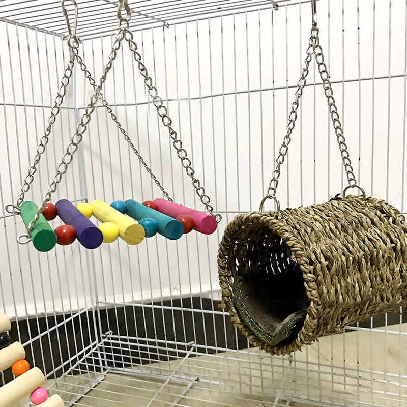HelloCreate Combination Toy, 3pcs Pet Hamster Hanging Toy Set Hanging Bed Wood Ladder Swing Cage Toy for Squirrel Chinchilla Rat Playing Sleeping - PawsPlanet Australia
