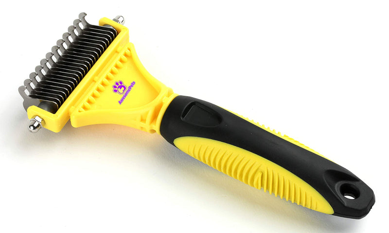[Australia] - AwesomePets - Dematting, Deshedding Brush, Rake and Comb for Dogs, Cats with 12+23 Teeth, Round, Sharp, Safe Grooming Tool and Shedding Brushes for Curly, Short and Long Haired Pets with Velvet Pouch 