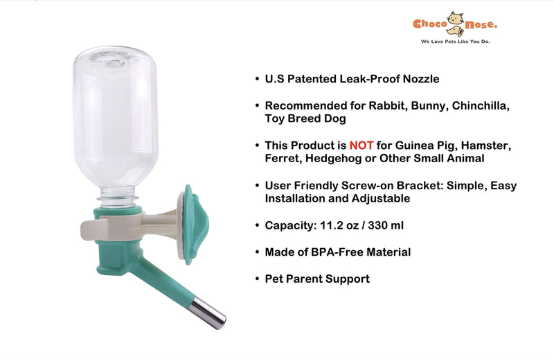 Choco Nose Patented No-Drip Dog Water Bottle/Feeder for Toy Breed to Large Sized Dogs/Cats/Rabbits/Chinchillas/Detachable Pet Food Bowl/for Cages, Crates or Wall Mount/Mess Free Leak-Proof Nozzle Aqua Large Rabbits-Chinchillas-Toy Breed Dogs - PawsPlanet Australia