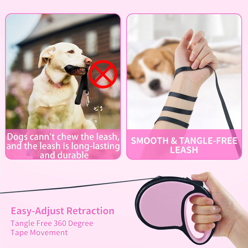 Retractable Dog Lead, ANCOOLE 5M/16FT Extendable Dog Lead 360°Tangle-Free Smooth&Durable Nylon Tape with Anti-Slip Handle, One-Handed Brake for Small Medium Dogs(Pink) Pink - PawsPlanet Australia