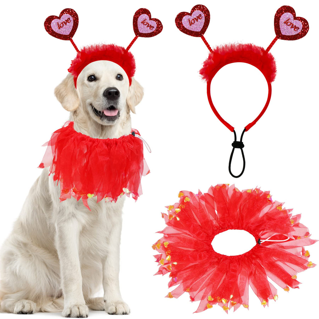 GOYOSWA Dog Valentines Outfit, Dog Valentine's Day Clothes Red Love Hearts Dog Headband Dog Collar with Red Ribbons Holiday Costumes for Small Medium Large Dogs Red Love Heart - PawsPlanet Australia