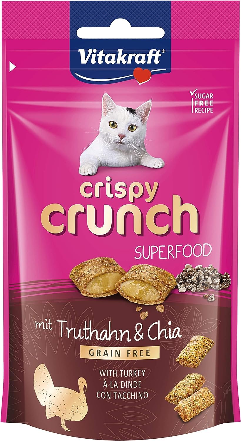 Vitakraft Crispy Crunch, crunchy snack pillows filled with turkey and chia, cat snack, sugar-free (1x 60g) - PawsPlanet Australia