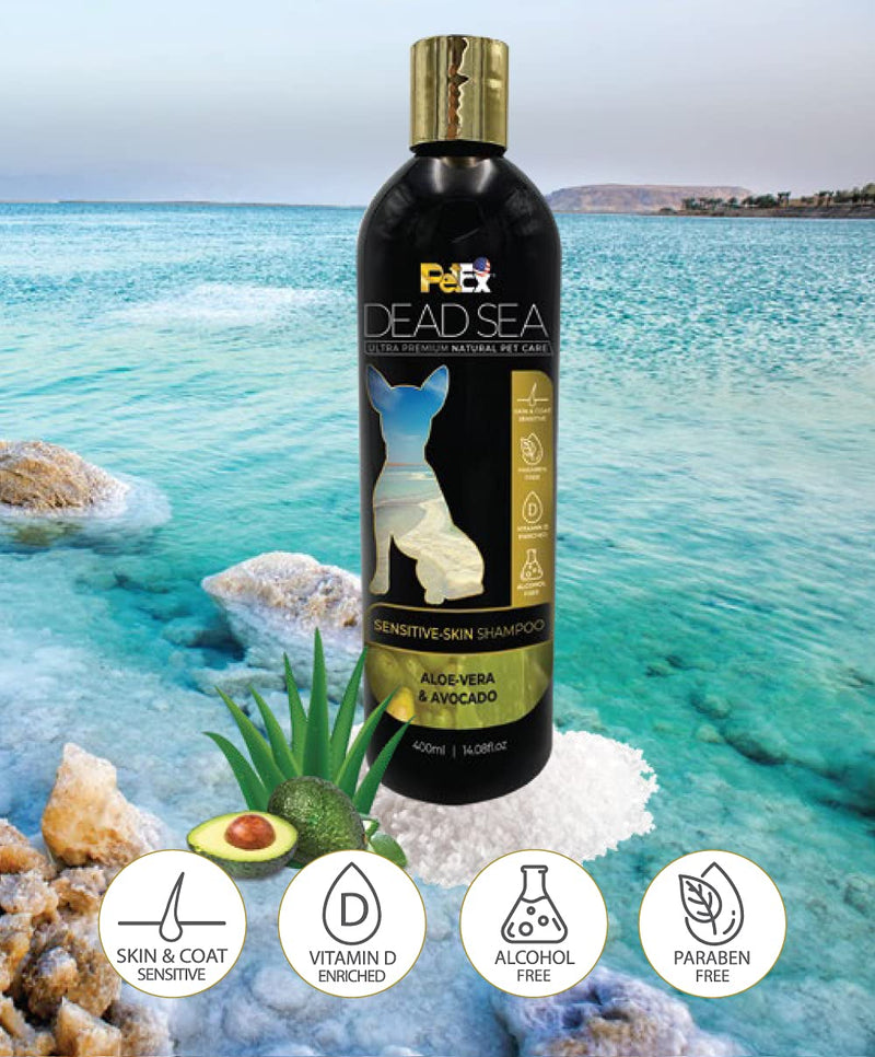 Ultra Premium Pet Shampoo with Dead Sea Minerals for Dogs & Cats - Sensitive, Irritated Skin, Brightness, Long-haired, Anti-Shedding, Alcohol and Paraben Free 400ml, Dry Cleaning Shampoo 200ml Aloe Vera Avocado - PawsPlanet Australia