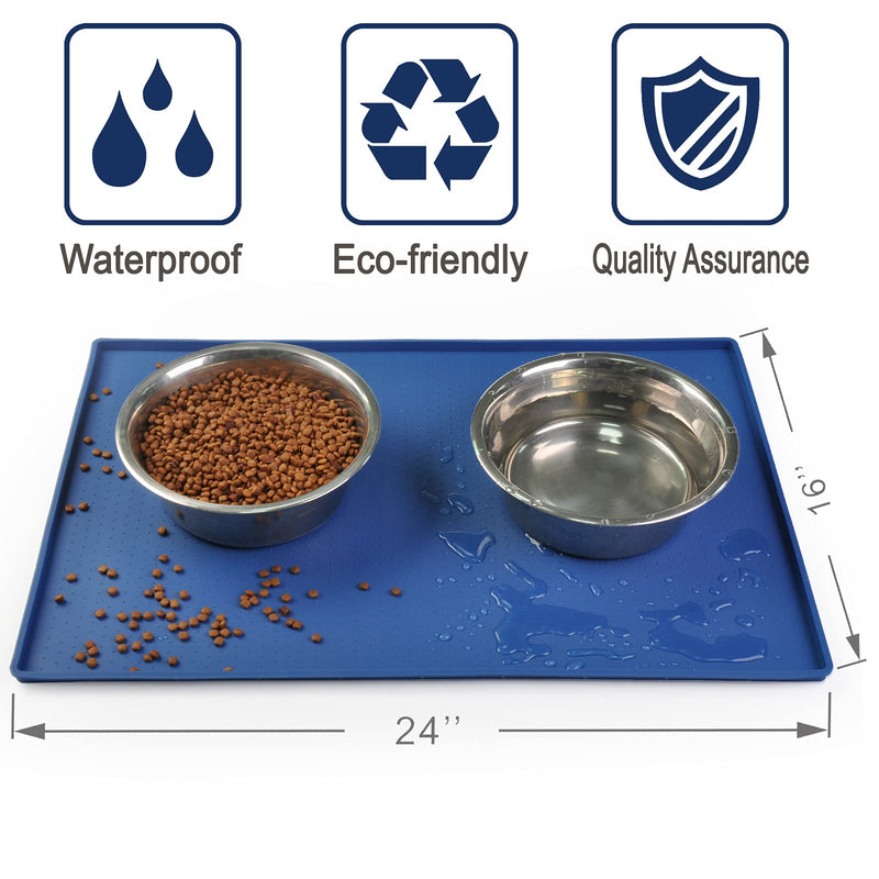 Mofason Pet Food Mat Waterproof Dog Mat XL (24x16) or L (20"x13") – 0.5 inch Raised Edge, Dog Cat Silicone Feeding Placemat Water Bowl Tray for Floors, Nonslip Washable Dog Mat for Food and Water Large - 24 x 16 inches Blue - PawsPlanet Australia