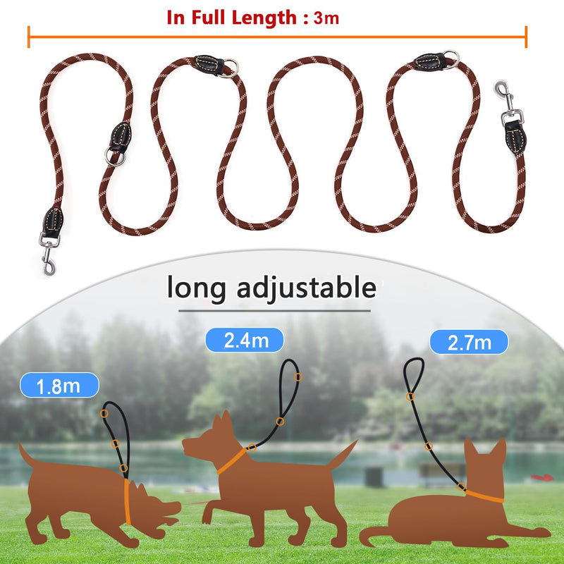 Dog Leash for Large and Medium Dogs - Ricihene Adjustable Double Nylon Leash with 2 Snap Hooks and 3 Rings - 3m x 15mm - Brown - PawsPlanet Australia