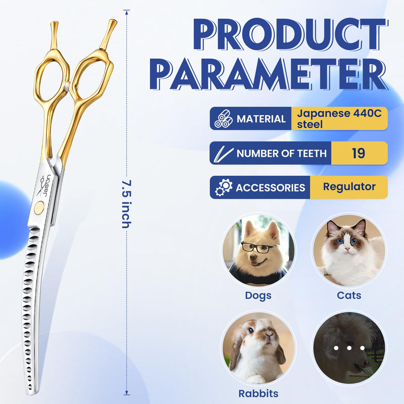 Jason 7.5 inch curved chunker scissors for dogs 19 teeth professional downward curved thinning scissors made of Japanese 440C stainless steel dog scissors with symmetrical handle - PawsPlanet Australia