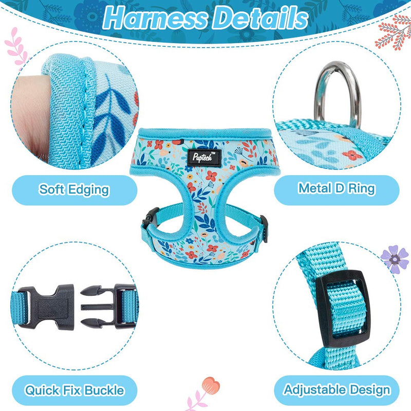 PUPTECK Breathable Dogs Harness Leash Set for Small Dogs Cats, Soft Adjustable Puppy Vest Harness No Pull with Floral Pattern S-Chest Girth: 14-18in Blue - PawsPlanet Australia