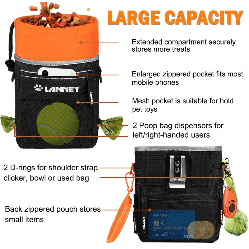 [Australia] - LANNEY Dog Treat Pouch Pet Training Bag for Small to Large Dogs, Treat Tote Carry Kibble Snacks Toys for Training Reward Walking, Metal Clip, Waist Belt, Shoulder Strap, Poop Bag Dispenser Pouch(Black with Orange)+Clicker+Bowl 