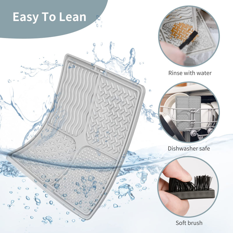 Qishare Dog Lick Mats with 1 Spatula + 1 Brush for Easier Cleaning, Peanut Butter Lick Mat with Suction Cup, Suitable for Bathing and Grooming Pets (Gray) Gray - PawsPlanet Australia