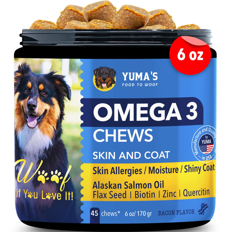 Yuma Omega 3 for Dogs, Allergy and Dog Itch Relief - Dog Anti Shedding Supplement, Salmon Oil + Biotin + Zinc, Quercitin + Flax Seed Skin and Coat Health (Omega 3, 45 Chews) - PawsPlanet Australia