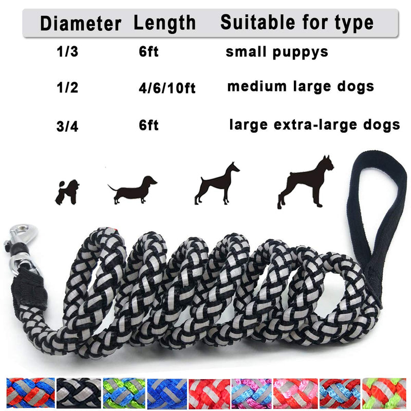 Mycicy Rope Dog Lead - 4/6/10 Foot Reflective Dog Lead - Mountain Climbing Nylon Braided Heavy Duty Dog Training Lead for Large and Medium Small Dogs Walking Leads 6ft * 1/2" Black - PawsPlanet Australia