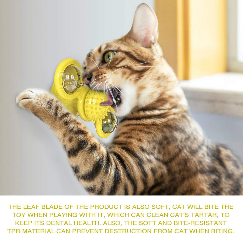 [Australia] - tiitc Windmill Cat Toys, Interactive Cat Toys for Indoor Cats, Multifunctional Self Groomer Best Cat Chew Toy with Catnip Toy Balls Light Cats Ball, Turnable Spinner Cat Toy with Suction Cup Yellow 