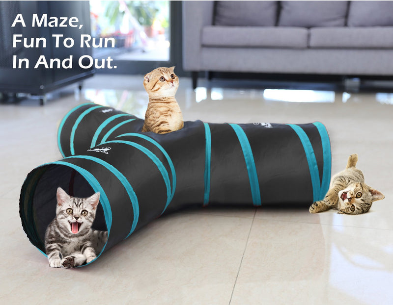 [Australia] - Pawaboo Cat Toys, Cat Tunnel Tube 3-Way Tunnels Extensible Collapsible Cat Play Tent Interactive Toy Maze Cat House Bed with Balls and Bells for Cat Kitten Kitty Rabbit Small Animal Black & Light Blue 