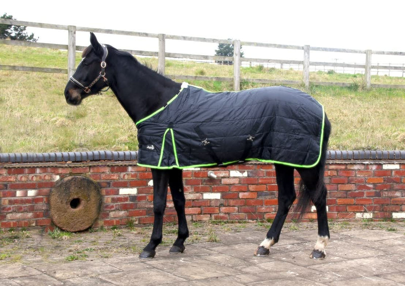 STABLE RUG 100 GSM FILL DETACHABLE NECK HORSE STABLE RUG BLACK WITH NEON BINDNG (5'6'') 5'6'' - PawsPlanet Australia