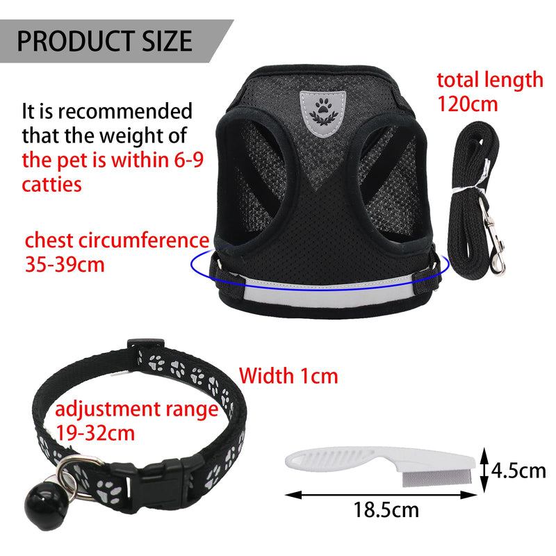 DKDDSSS Cat Harness Cat Leash Set, Cat Harness Escape-Proof Adjustable, Adjustable Cat Harness with Reflective Strips with Cat Collar, for Kitten Dogs (M, Black) M - PawsPlanet Australia