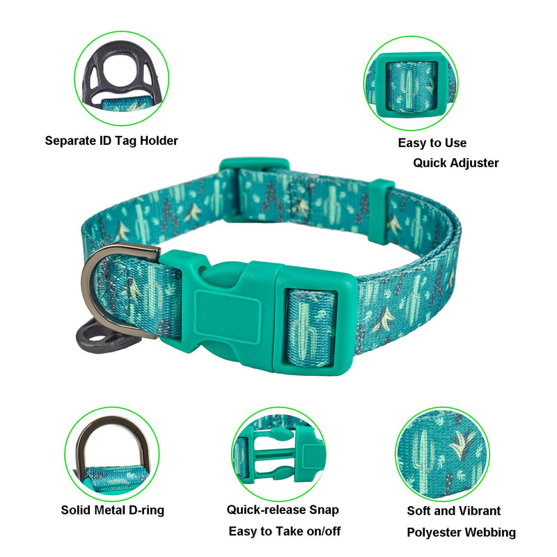 YUDOTE Patterned Polyester Dog Collar Soft Lightweight with Unique Cactus Print for Small Canine Everyday Use,Bottle Green S (Pack of 1) Cactus-Green - PawsPlanet Australia