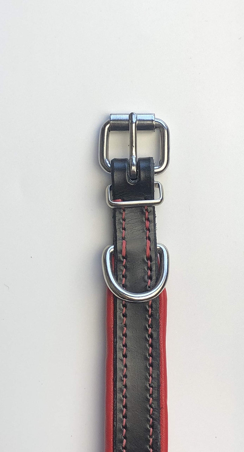 KLASSY K9 SEDGWICK BRIDLE LEATHER PADDED DOG COLLAR IN BLACK WITH RED LEATHER PADDING MEDIUM 16”-20” 40CM-50CM WITH CHROME ACCESSORIES - PawsPlanet Australia