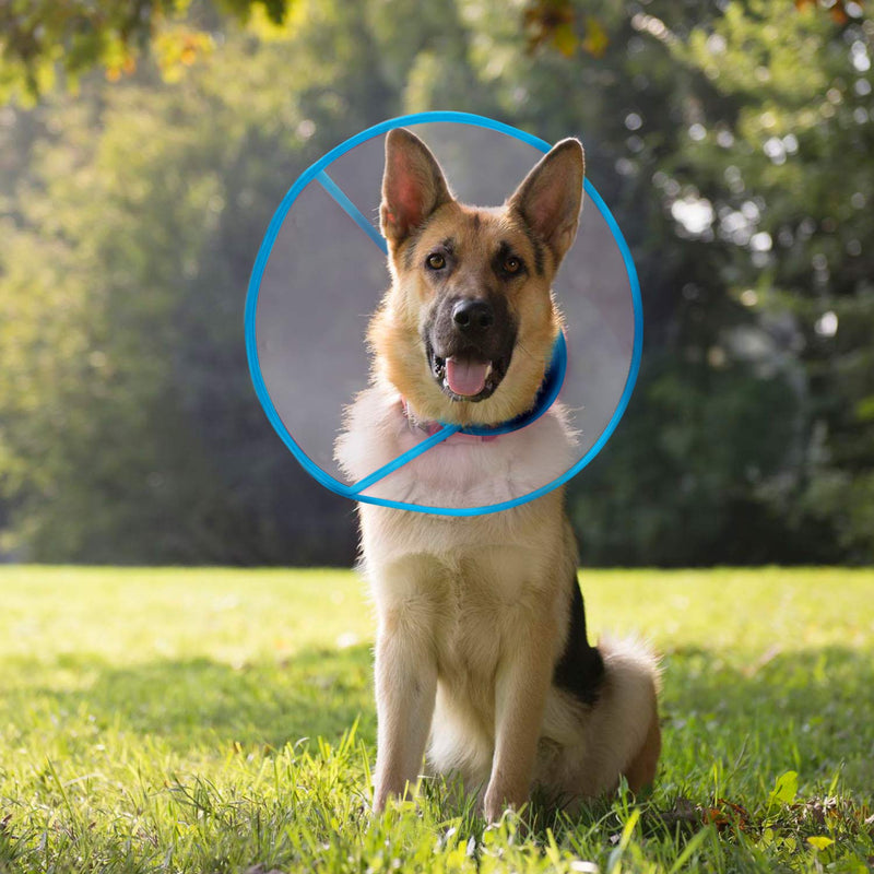 In hand Adjustable Recovery Cat Cone Dog Cone Collar Clear Padded ECollar with Breathable Soft Edge Plastic Soft Cone Designed for Cats and Puppies L(Neck Girth 10.2"-12.2", Depth 4.8") Blue - PawsPlanet Australia