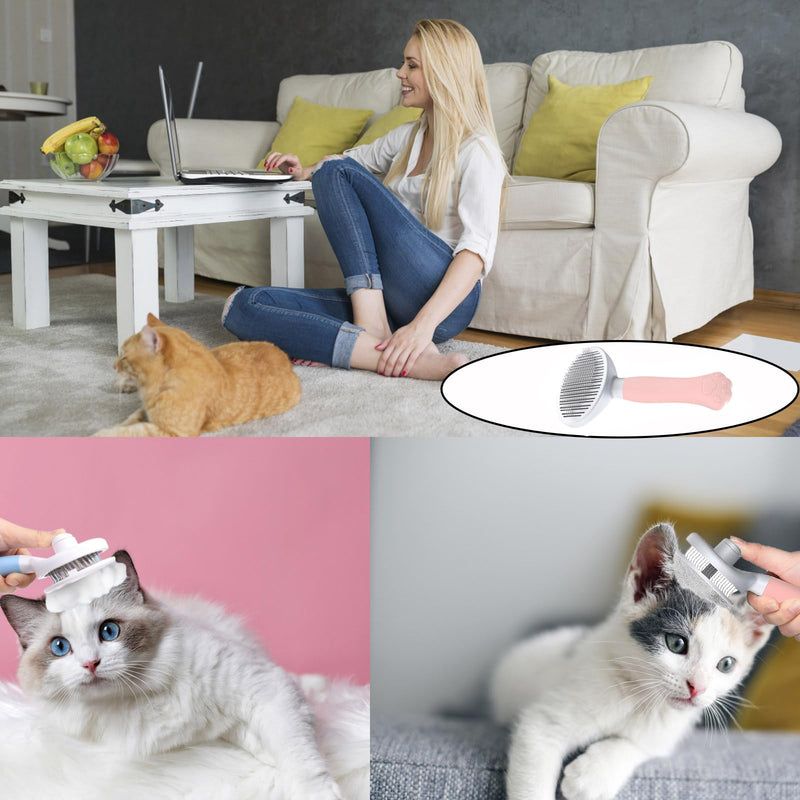 Pack of 2 Cat Brushes, Short Hair/Long Hair Cat Brush, Self-Cleaning with Handle for Removing Undercoat, Dogs, Cats, Rabbits, Undercoat Brush (Pink Blue) - PawsPlanet Australia