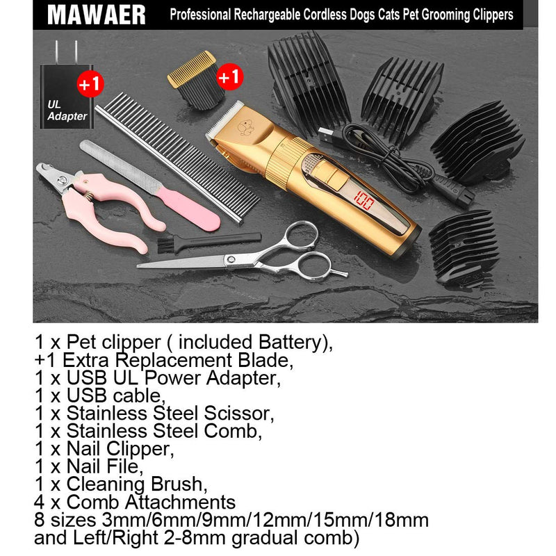 MAWAER Pet Clippers Low Noise Rechargeable Dog Clippers Cordless Electric Quiet Hair Clippers Set for Dogs Cats Pets Gold - PawsPlanet Australia