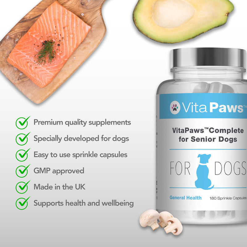 Multivitamins for Senior Dogs | VitaPaws Complete | Includes Glucosamine, Ginseng & L-Carnitine | 180 Sprinkle Capsules Ideal for Fussy Pets | UK Manufactured - PawsPlanet Australia