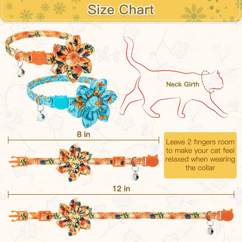 BINGPET Floral Breakaway Cat Collar with Bells, 2 Pack Adjustable Soft Pet Kitten Collars with Adorable Flower Patterns and Detachable Flower Accessories for Cats Kitties Orange - PawsPlanet Australia