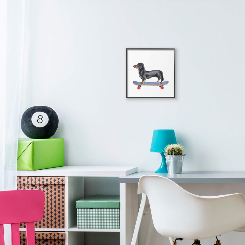 Stupell Industries Dachshund Pet Dog on Blue Skateboard, Designed by Annie Warren Black Framed Wall Art, 12 x 12 - PawsPlanet Australia